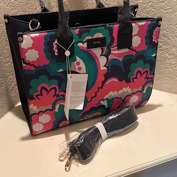 Trina Turk Floral Cloud Tote Top Handle Satchel Bag Blue Pink Bold Maximalist - Picture 15 of 16